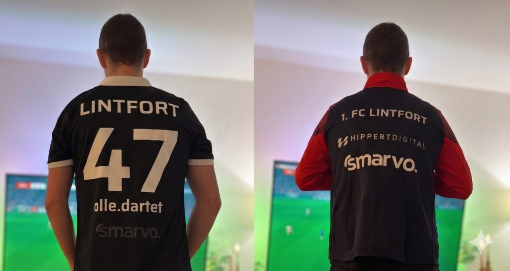 Streamer mit zwei Trikots des 1. FC Lintfort, jeweils mit Smarvo Logo auf der Rückseite